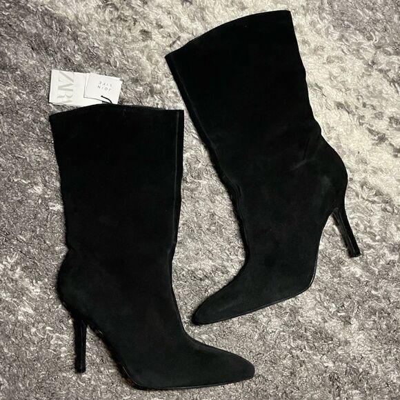 NWT Zara Cowboy Split Leather Heeled Boots - Picture 1 of 10